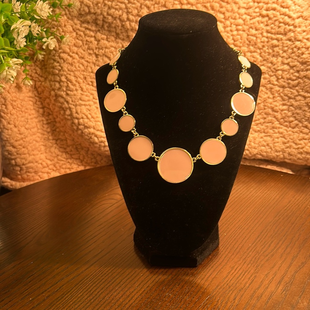 Gold tone baby pink enamel discs necklace: lobster closure w/ extender